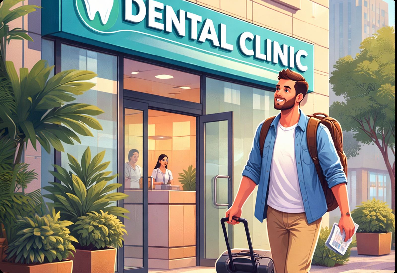 Illustration of a traveler arriving at a dental clinic