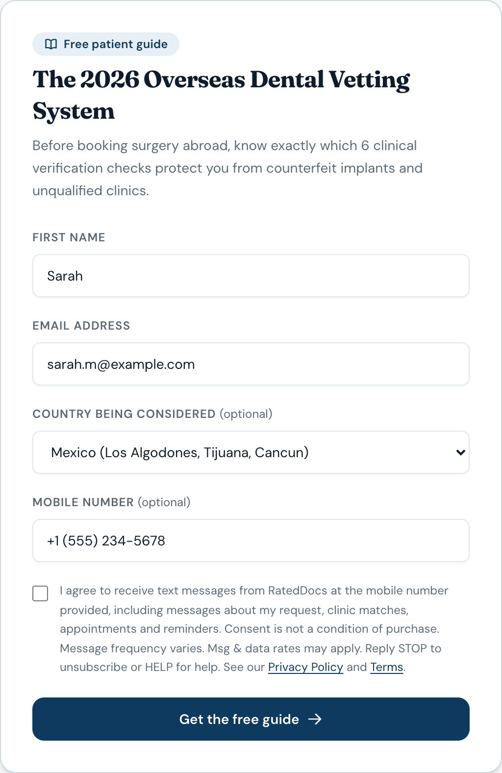Screenshot of the RatedDocs patient guide form showing the mobile number field and the unchecked SMS consent checkbox above the submit button.